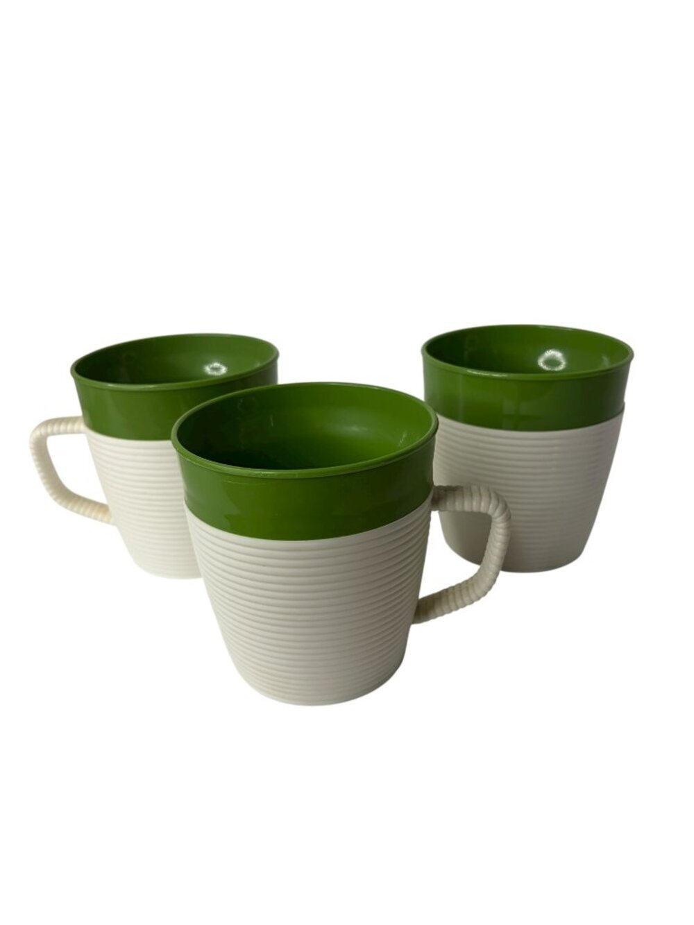 Vtg Raffiaware by Thermo Temp Insulated Coffee Mugs Green Cream Ribbed Set of 3